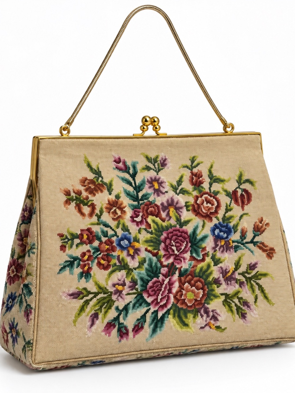 Vintage Floral Needlepoint Tapestry Handbag Gold Kiss Lock Chain Purse